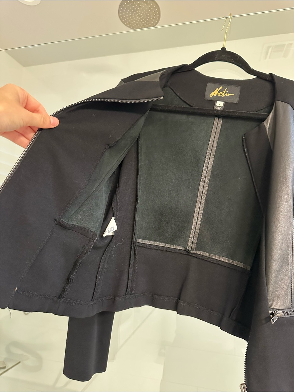 NETO Black Leather-Panel Zip Front Jacket - Picture 4 of 5